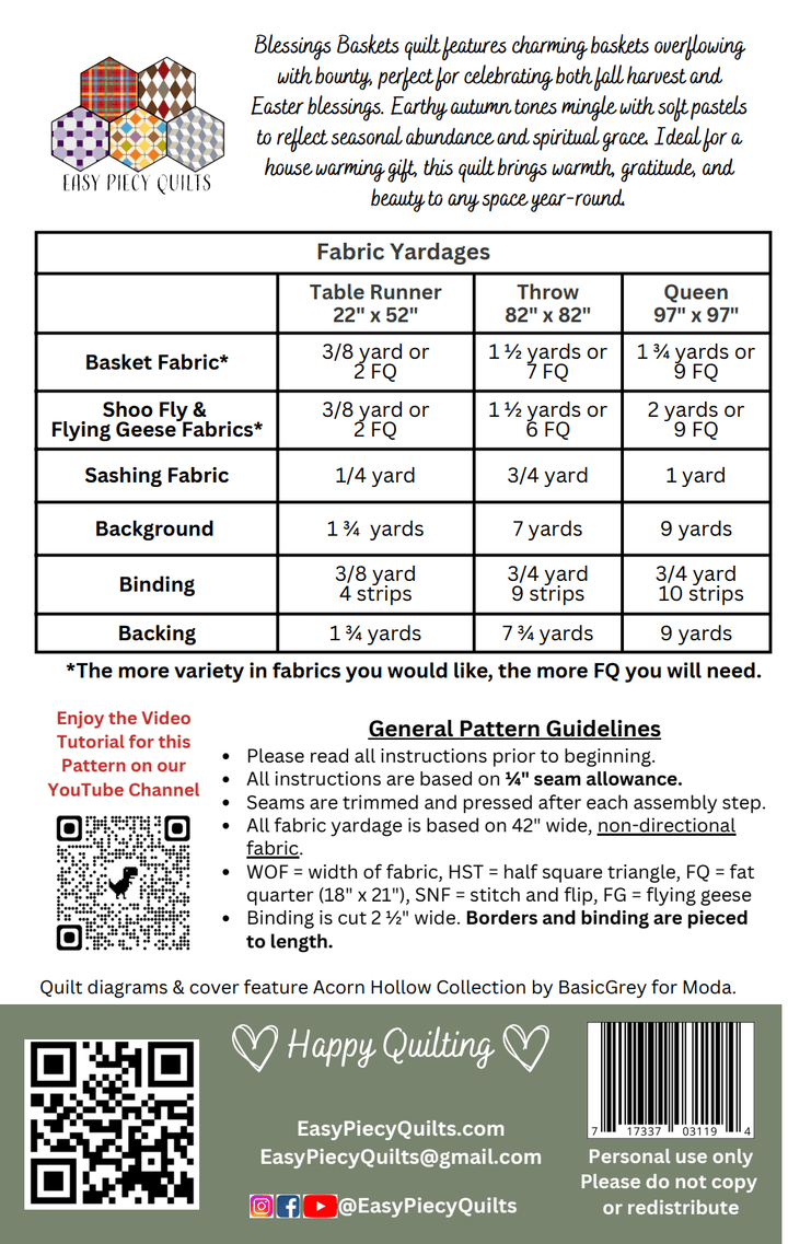 Blessings Baskets Quilt Pattern, Paper Version - Mailed - Easy Piecy Quilts
