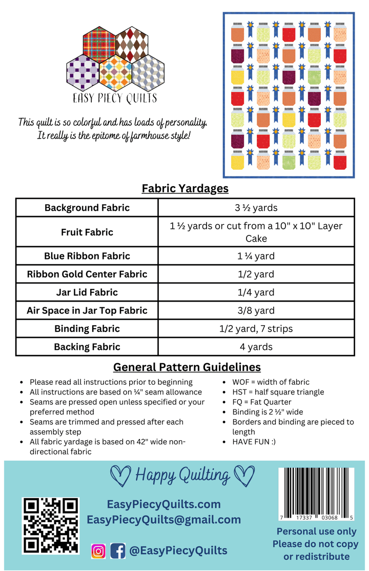 Blue Ribbon Preserves Quilt Pattern - Easy Piecy Quilts