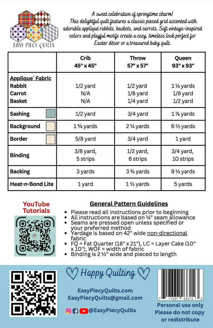 Easter Garden Gathering Quilt Pattern, Paper Print Version, Mailed - Easy Piecy Quilts