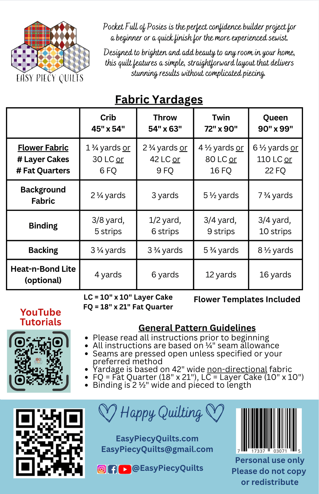 Pocket Full of Posies Pattern, PDF - Easy Piecy Quilts
