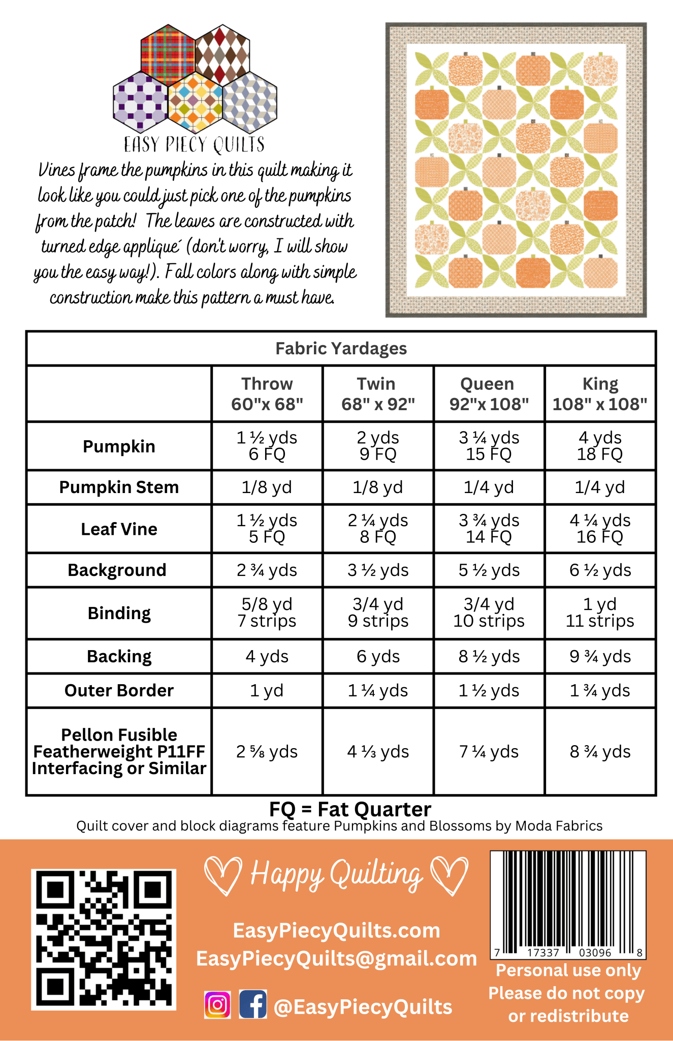 Pumpkin Vines Quilt Pattern - Easy Piecy Quilts