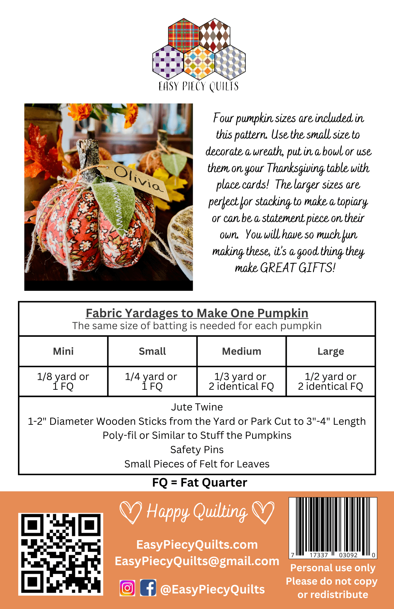 Quilted Pumpkins and Topiary Pattern - Easy Piecy Quilts