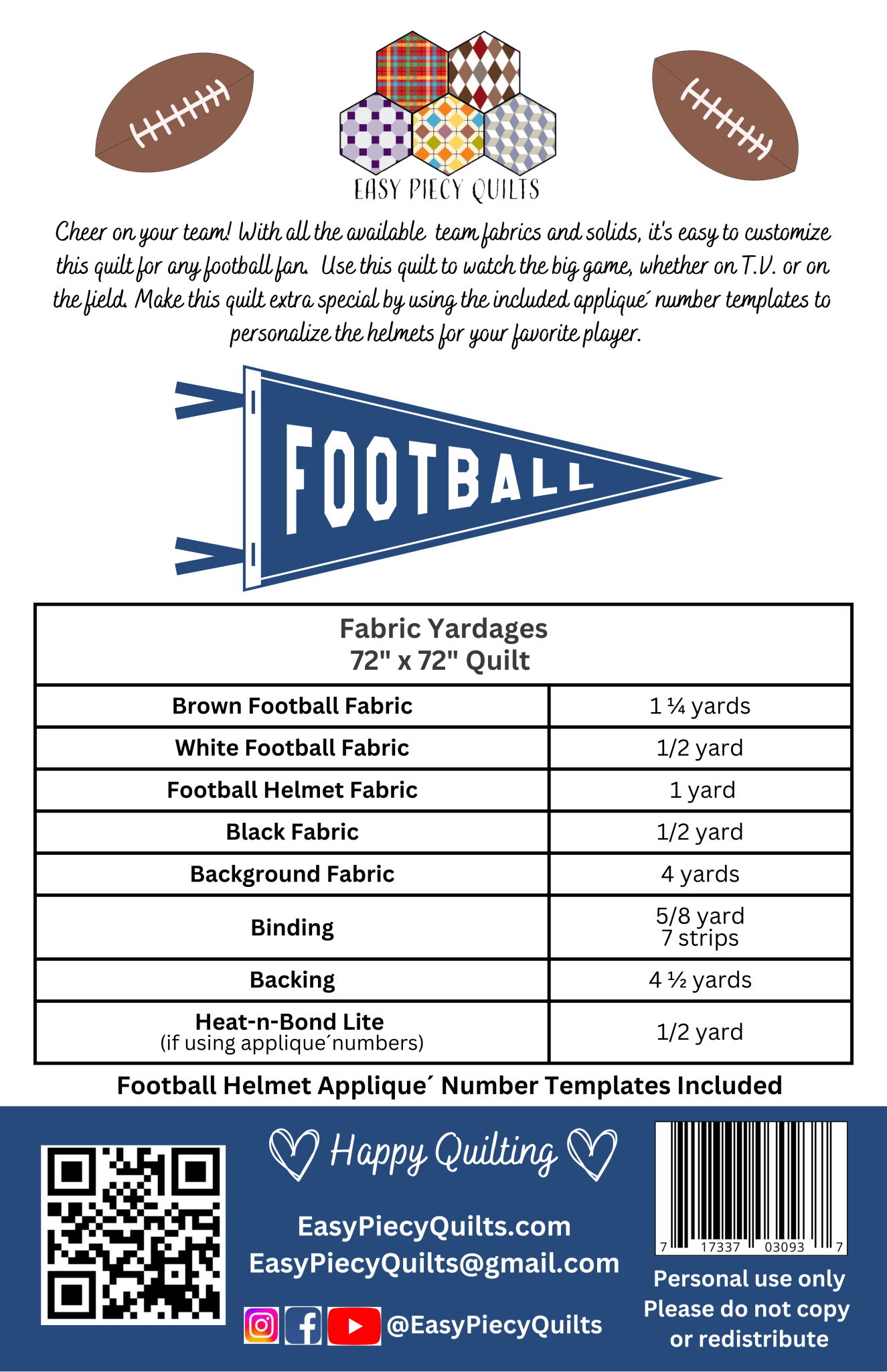 Team Football Quilt Pattern - Easy Piecy Quilts