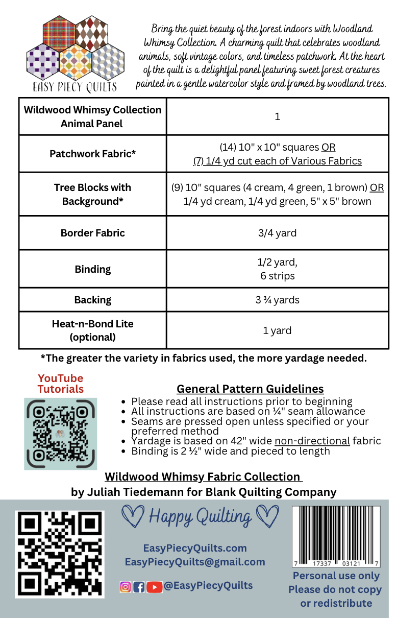 Wildwood Whimsy Panel Quilt Pattern - Easy Piecy Quilts